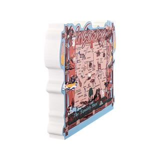 3/4" thick wooden Map of Wyoming with illustrations on a white background