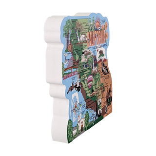 3/4" thick wooden Colorful map of California with landmarks on a white background