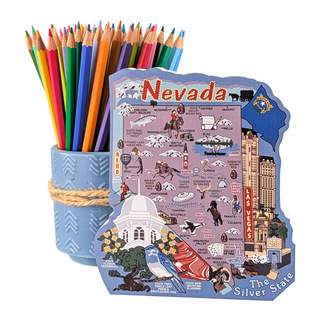 Colorful pencils in a holder with a Nevada-themed 3/4" thick wooden model on a white background