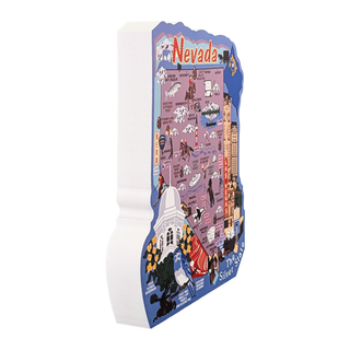3/4" thick wooden model of Nevada with colorful illustrations on a white background
