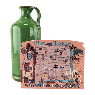 Green ceramic jug next to a New Mexico 3/4" thick wooden map