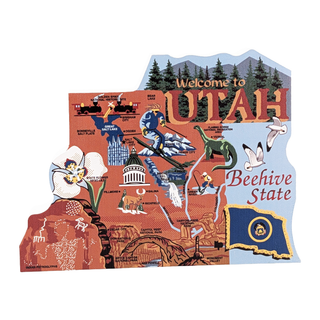 3/4" thick wooden Map of Utah with various symbols and text on a white background