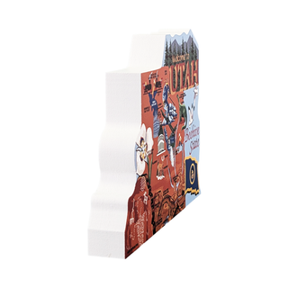 3/4" thick wooden map of Utah with illustrations on a white background
