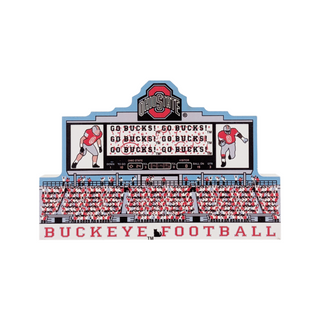 3/4" thick wooden replica with an illustration with Ohio State football-themed graphics on a white background