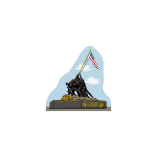 3/4" thick wooden Statue of two soldiers raising an American flag against a light blue sky with white clouds.
