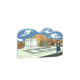 3/4" thick wooden Memorial with a wreath and person in uniform against a scenic background