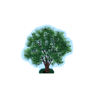 3/4" thick wooden cutout  of a tree with green leaves and brown trunk on a light blue background