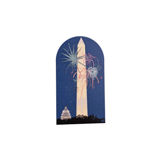 3/4" thick wooden illustration of the Washington Monument and fireworks against a night sky.