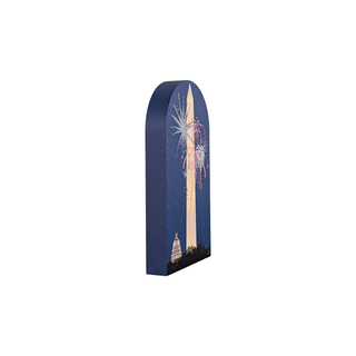 3/4" thick wooden illustration of the Washington Monument and fireworks against a night sky.