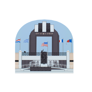 3/4" thick wooden Monument with 'OVERLORD' inscription and flags against a blue sky