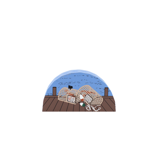 3/4" thick wooden Illustration of a fishing trap on a dock with a blue sky background