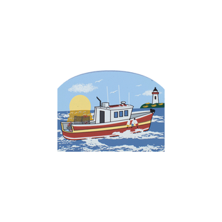 3/4" thick wooden lobster boat on choppy waters with a lighthouse and sun in the background