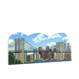 3/4" thick wooden cutout of the Brooklyn Bridge and New York City skyline with a blue sky.