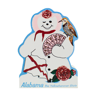 3/4" wooden replica with an illustration of a teddy bear with roses and a bird, labeled 'Alabama', on a white background.