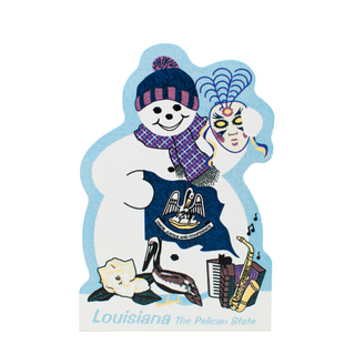 3/4" thick wooden model of a snowman with Louisiana-themed elements on a white background