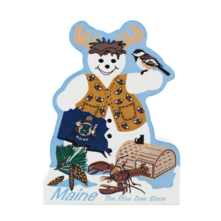 3/4" thick Wooden cutout of a character with a Maine theme, featuring a moose, bird, lobster, and pine cone.
