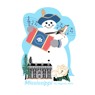 3/4" thick wooden Snowman holding a Mississippi flag with a building and magnolia flower in the background
