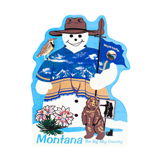 3/4" thick wooden Montana-themed snowman with a flag, bear, and lark on a blue background