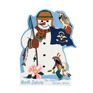 3/4" thick wooden cutout of a North Dakota-themed snowman with state symbols on a blue background