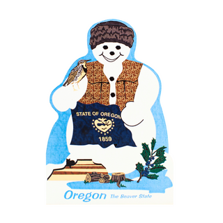 3/4" thick wooden cutout of a Snowman with Oregon flag and state symbols on a blue background