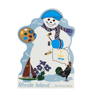 3/4" thick wooden cutout  snowman with Rhode Island theme, including a sailboat, flowers, and a rooster.