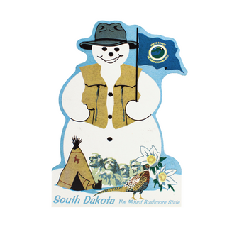 3/4" thick wooden cutout of a snowman with South Dakota-themed decorations, including Mount Rushmore and a pheasant.