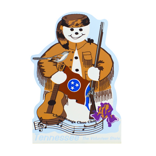 3/4" thick wooden cutout of a snowman in Tennessee theme with guitar, gun, and state flag