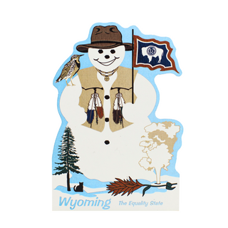 3/4" thick wooden cutout of Snowman with Wyoming state symbols including a flag, tree, and feather.