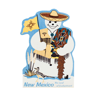 3/4" thick wooden cutout of snowman in New Mexico-themed outfit with a sombrero, scarf, and hat, holding a yellow flag with a star emblem.