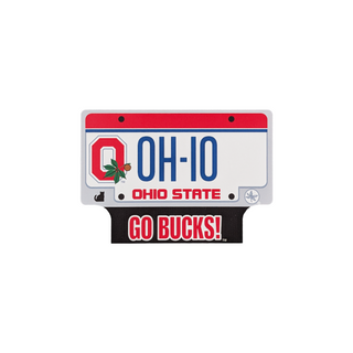 3/4" thick wooden replica with an illustration of an Ohio State license plate with 'OH-IO' and 'GO BUCKS!' text on a white background