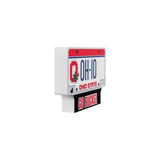 3/4" thick wooden replica with an illustration of an Ohio State license plate with 'OH-IO' and 'GO BUCKS!' text on a white background