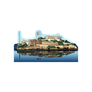 3/4" thick wooden Illustration of a coastal scene with buildings, water tower, and reflection on water