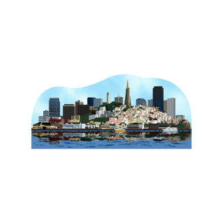 3/4" thick wooden  cityscape with tall buildings and a body of water.