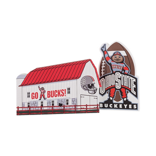 Ohio State Buckeyes-themed barn and football with 'Go Bucks!' text on a white background