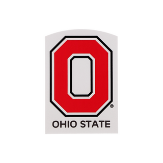 3/4" thick wooden replica with an illustration of Ohio State logo with a red 'O' on a white background
