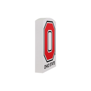 3/4" thick wooden replica with an illustration of Ohio State logo with a red 'O' on a white background