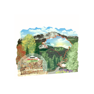 3/4" thick wooden Illustration of Pikes Peak with hiking trails and natural scenery