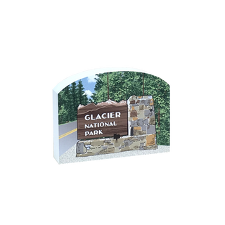 3/4" thick wooden illustration of a Glacier National Park sign with a scenic background