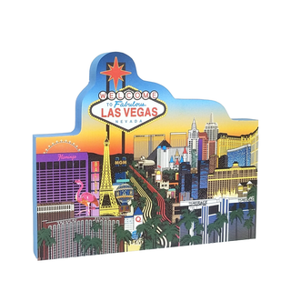 Colorful 3/4" thick wooden illustration of Las Vegas with famous landmarks and 'Welcome to Fabulous Las Vegas Nevada' sign.