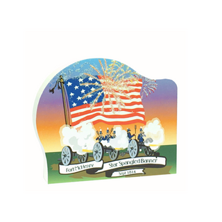 3/4" thick wooden Illustration of Fort McHenry with American flag and cannons, featuring fireworks in the background.