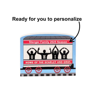 3/4" thick wooden replica Personalizable train car design with customizable text on a white background