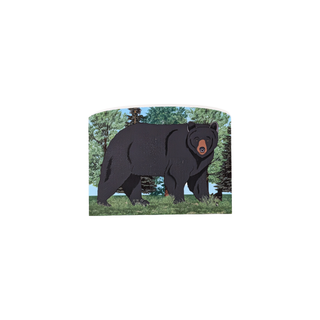3/4" thick wooden illustration of a black bear in a forest setting on a white background