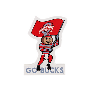3/4" thick wooden replica with an illustration of the Ohio State mascot holding a red flag with 'GO BUCKS' text on a white background