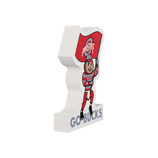 3/4" thick wooden replica with an illustration of the Ohio State mascot holding a red flag with 'GO BUCKS' text on a white background
