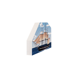 3/4" thick wooden model of a three-masted sailing ship on a blue background with white clouds