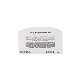 Back of a product with text about Rocky Mountain National Park on a white background