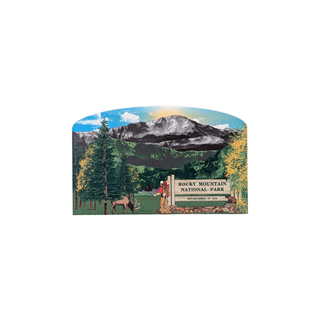 3/4" wooden replica with an illustration of  Rocky Mountain National Park with mountains, trees, and a sign.
