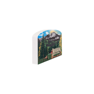 3/4" wooden replica with an illustration of a wilderness scene with a wooden sign that says rocky mountain national park 
