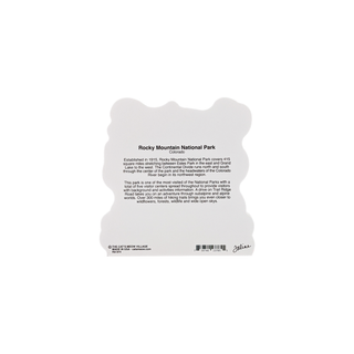 back of product with description in black text on a white background about the rocky mountain national park 
