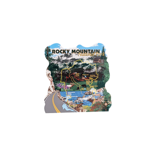 3/4" wooden replica with an illustration  of Rocky Mountain National Park with scenic illustrations on a white background.